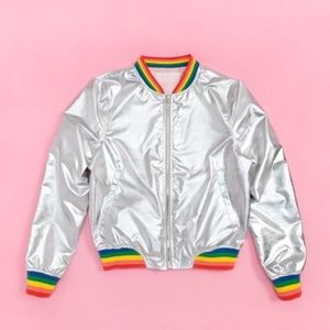 Ban.do Women's Bomber Jacket "Rainbow Roller" Silver Shiny Bando Zip Small